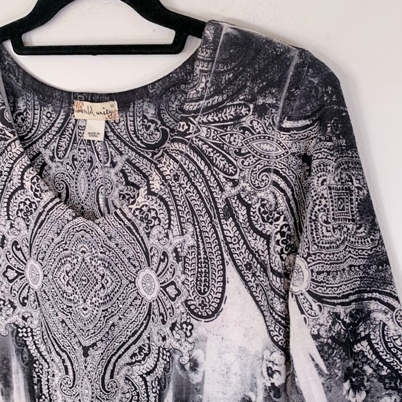 World Unity Star Ace Embellished Women’s Size M Black White Paisley Tunic Top - Picture 6 of 13